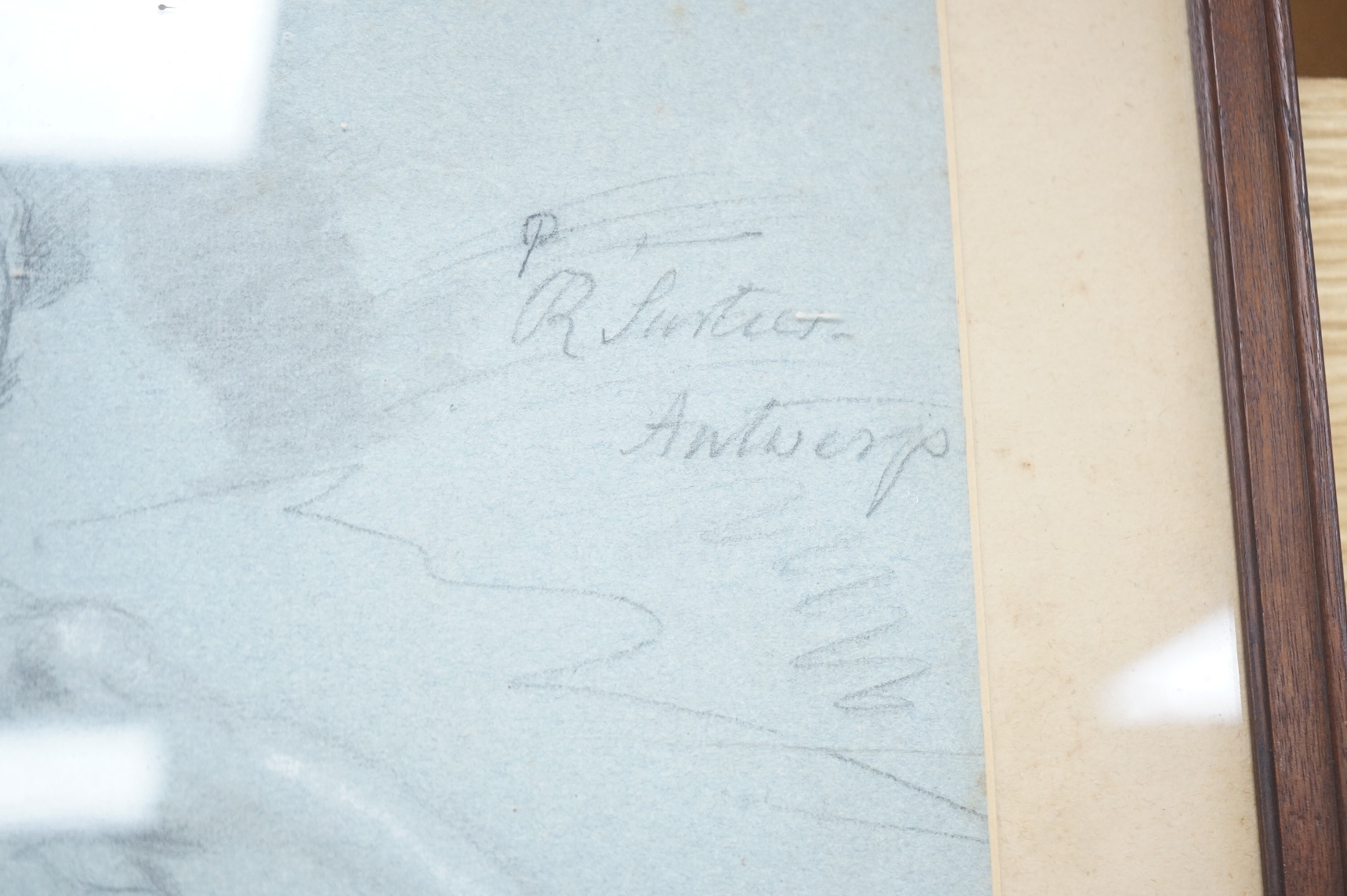 Attributed to Robert Surtees (1737-1802), Reclining male figure, chalk and charcoal on paper, signed and inscribed Antwerp, 30 x 44cm